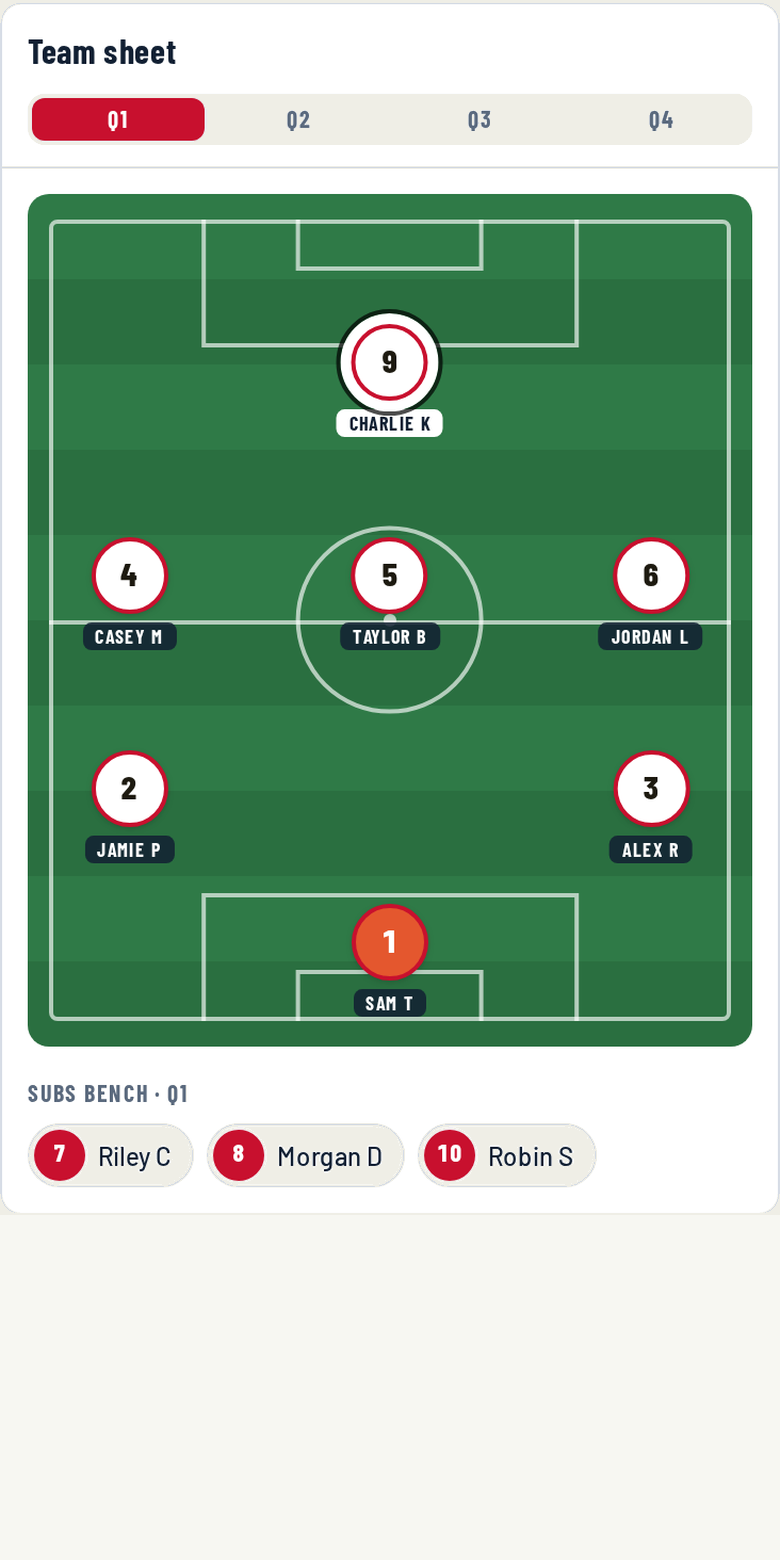 Demo Rovers screen: Coach builds the team sheet